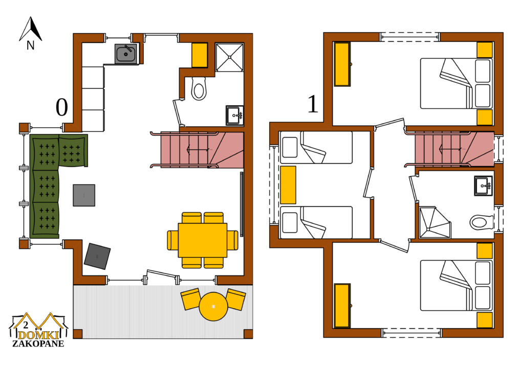 Domek nr 2. Układ pomieszczeń. Na parterze znajduje się salon, kuchnia oraz łazienka