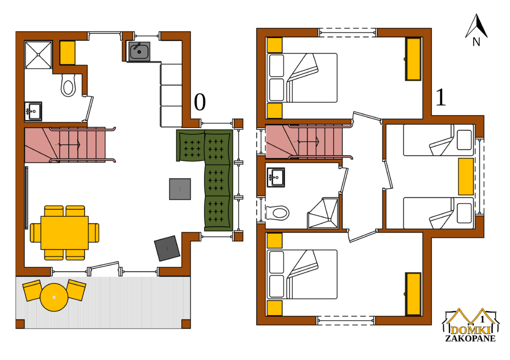 Domek nr 1. Układ pomieszczeń. Na parterze znajduje się salon, kuchnia oraz łazienka